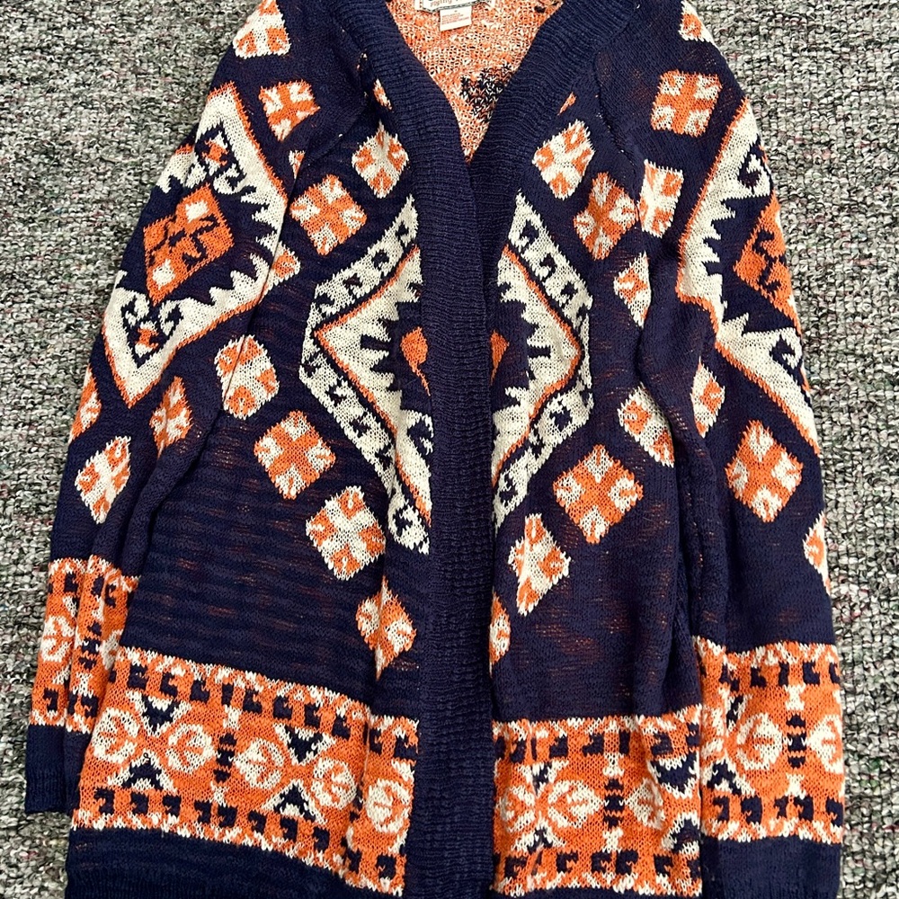 Flying Tomato Navy and Orange Geometric Cardigan